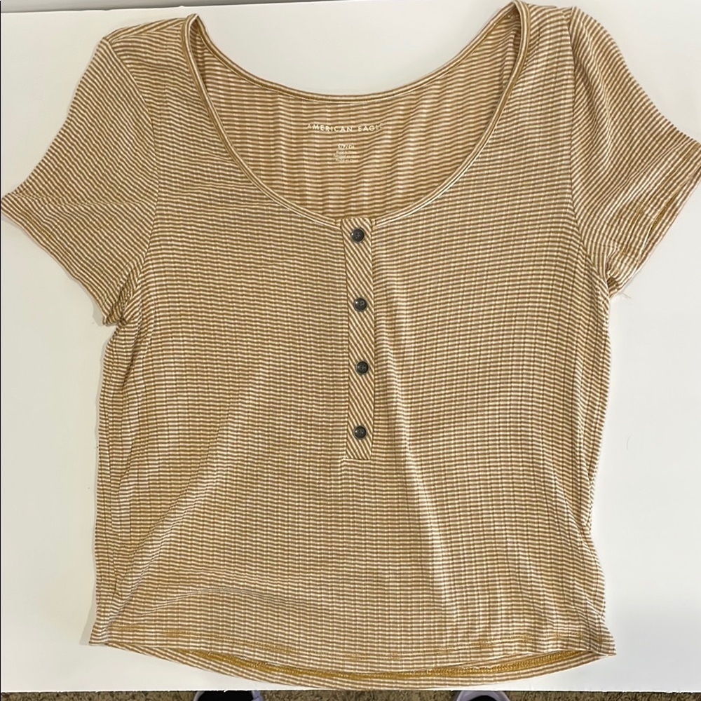 American Eagle Striped Tan Button-Up Women's Top